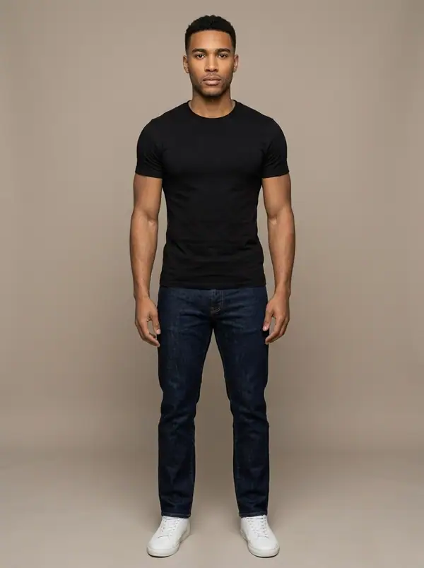 full length casting frame of an AI fashion model, African & Diaspora, athletic build, age 25