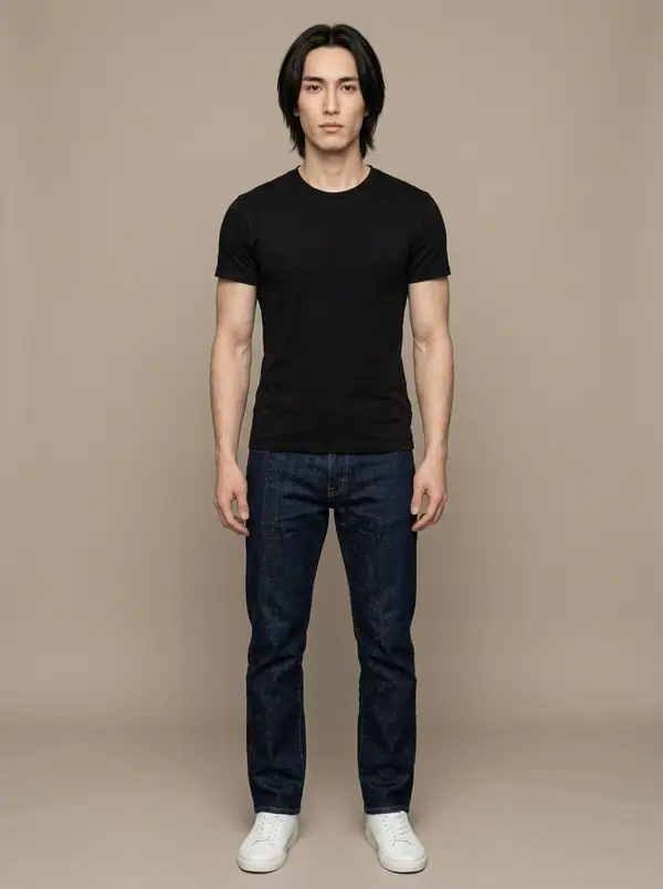 full length casting frame of an AI fashion model, East Asian, athletic build, age 25