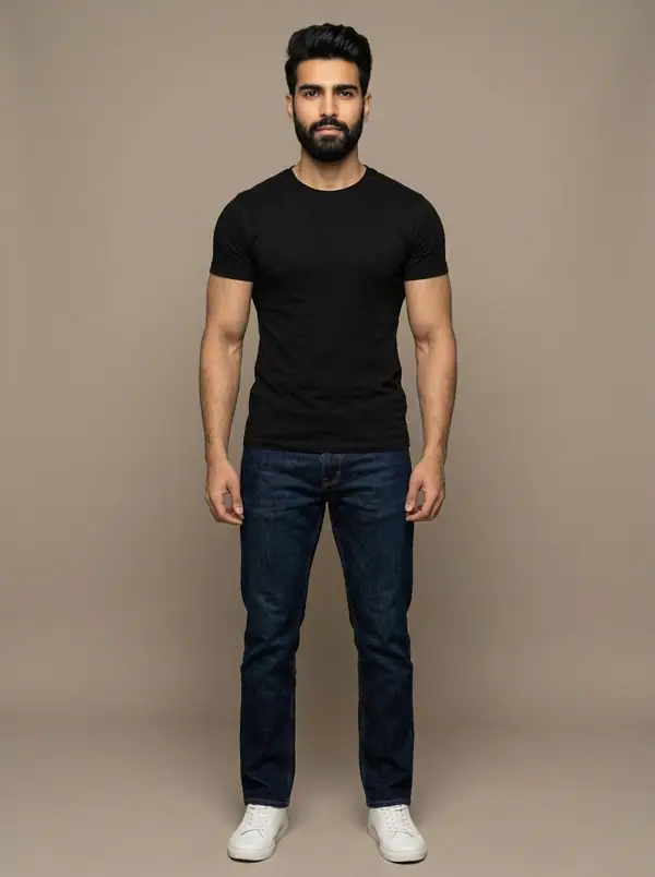 full length casting frame of an AI fashion model, Indian, athletic build, age 25