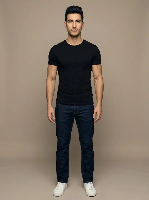 full length casting frame of an AI fashion model, Mediterranean & Latin, athletic build, age 25