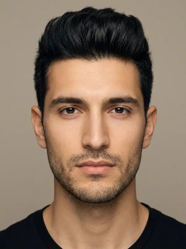 casting portrait of an AI fashion model, Mediterranean & Latin, age 25
