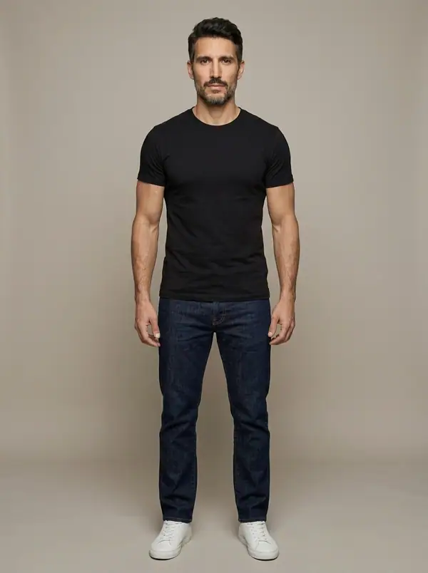 full length casting frame of an AI fashion model, Mediterranean & Latin, athletic build, age 35