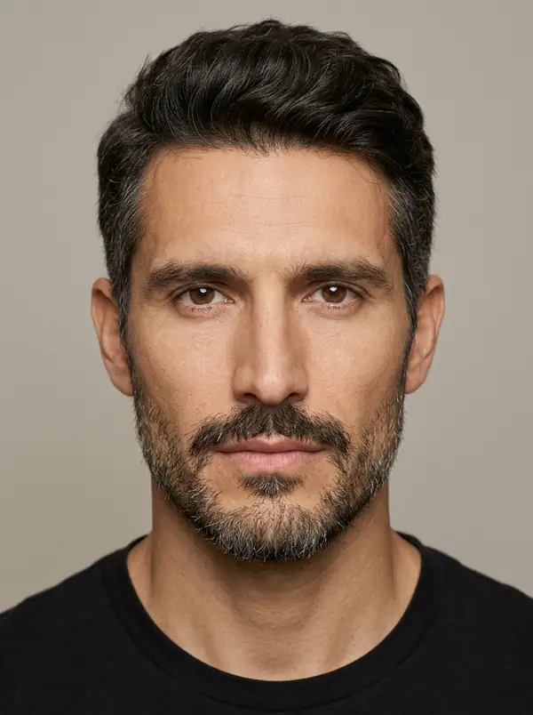 casting portrait of an AI fashion model, Mediterranean & Latin, age 35