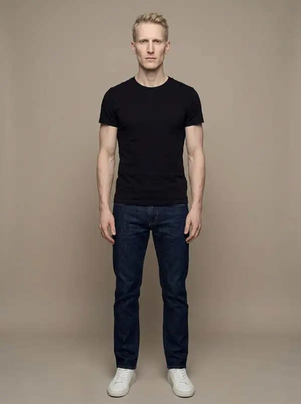 full length casting frame of an AI fashion model, Northern European, athletic build, age 35