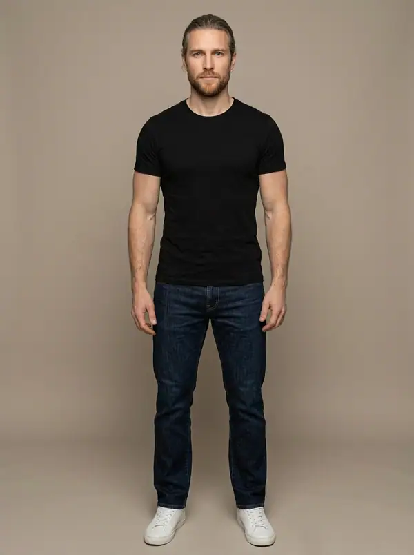 full length casting frame of an AI fashion model, Northern European, athletic build, age 35