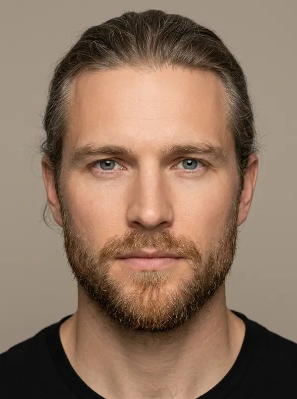 casting portrait of an AI fashion model, Northern European, age 35