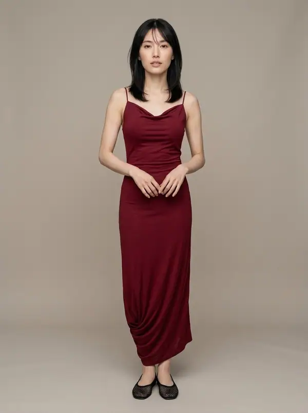 full length casting frame of an AI fashion model, East Asian, lean build, age 35