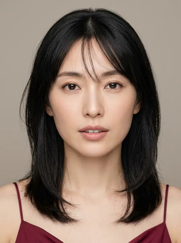 casting portrait of an AI fashion model, East Asian, age 35
