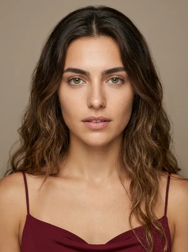 casting portrait of an AI fashion model, Mediterranean & Latin, age 25
