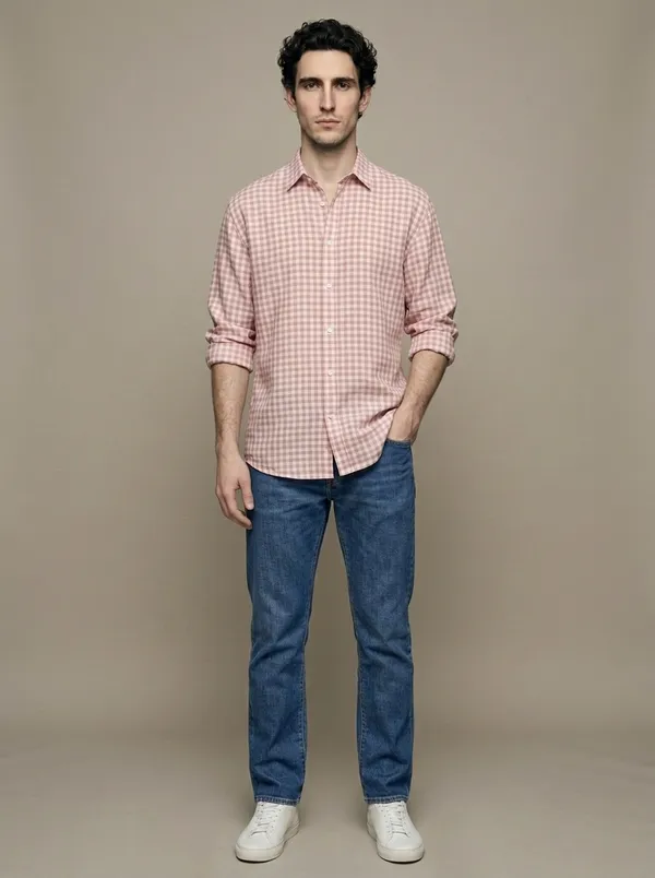 the same gingham shirt worn by an AI fashion model in the studio