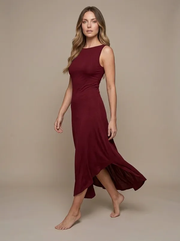 the same burgundy midi worn by an AI fashion model in the studio