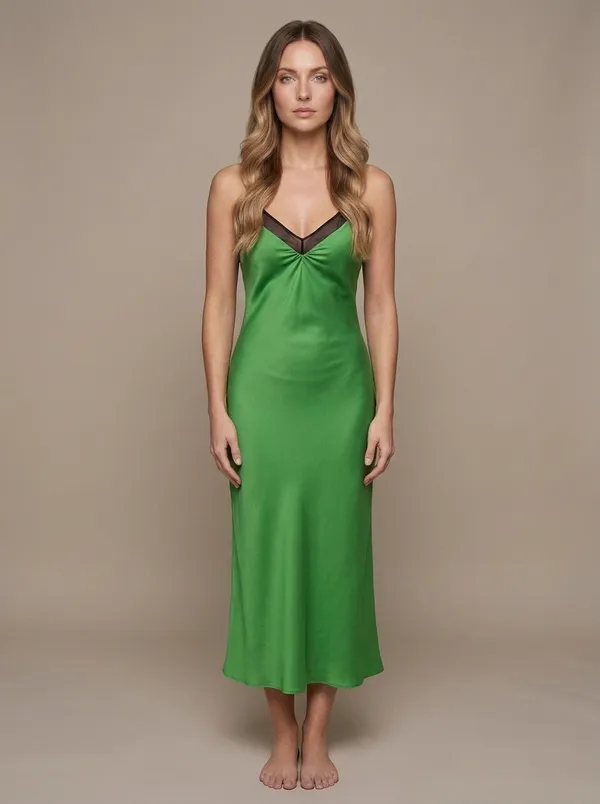 the same green satin midi worn by an AI fashion model in the studio