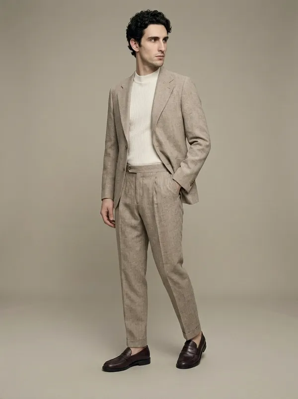 the same taupe suit worn by an AI fashion model in the studio