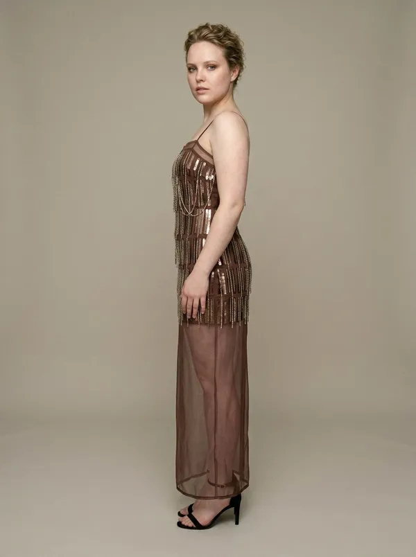 chocolate sheer organza maxi over embellished mini, worn full length in the studio