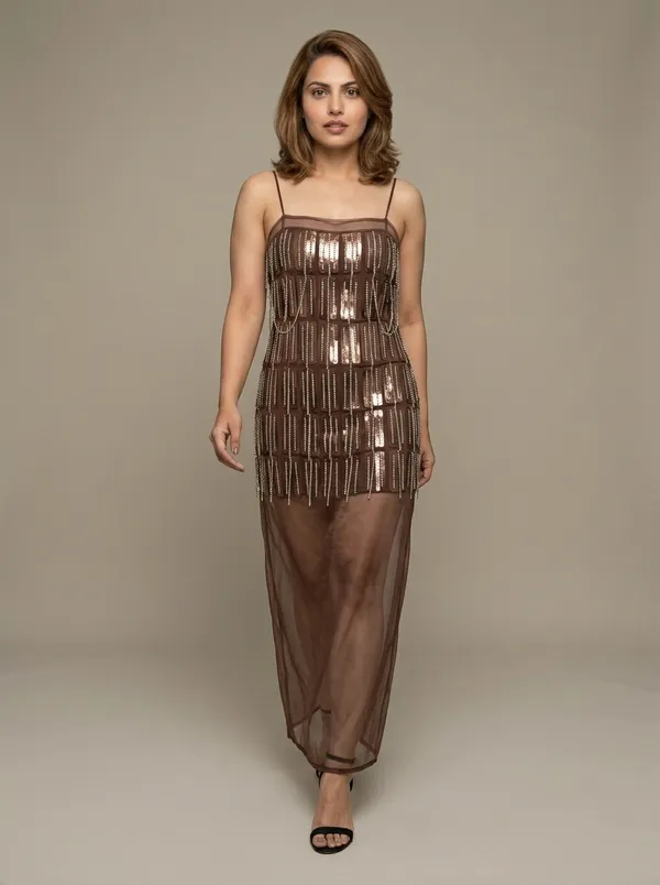 chocolate sheer organza maxi over embellished mini, worn full length in the studio