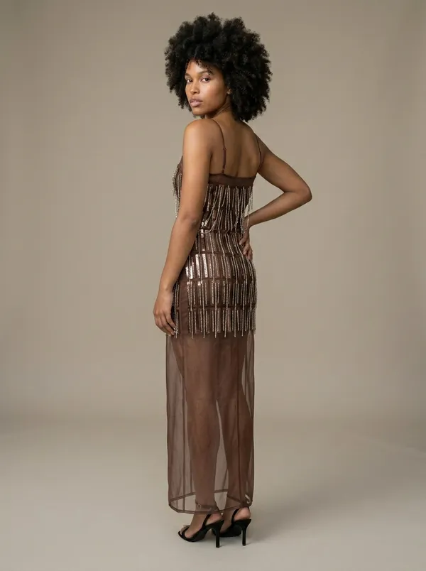 chocolate sheer organza maxi over embellished mini, worn full length in the studio