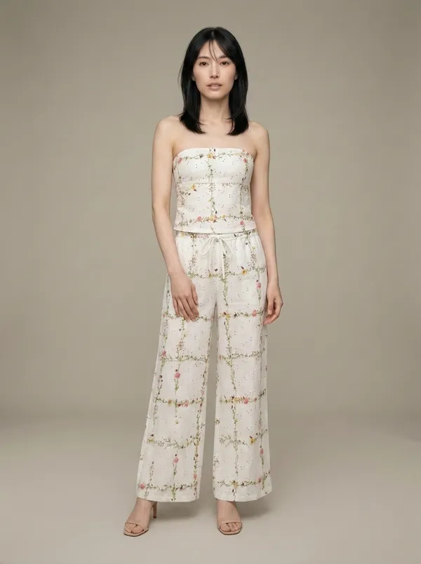 white broderie bandeau + wide-leg pants, worn full length in the studio