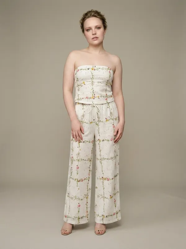 white broderie bandeau + wide-leg pants, worn full length in the studio