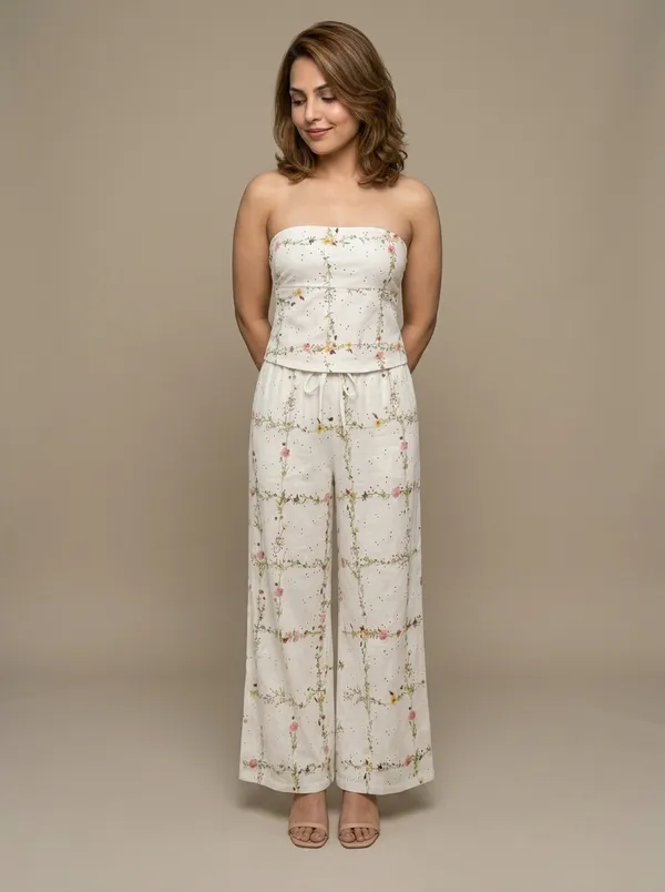 white broderie bandeau + wide-leg pants, worn full length in the studio