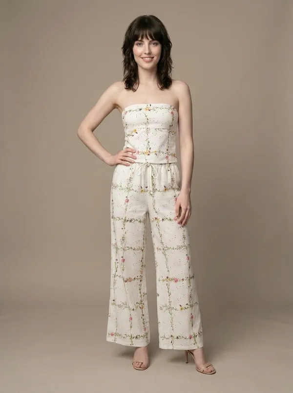 white broderie bandeau + wide-leg pants, worn full length in the studio