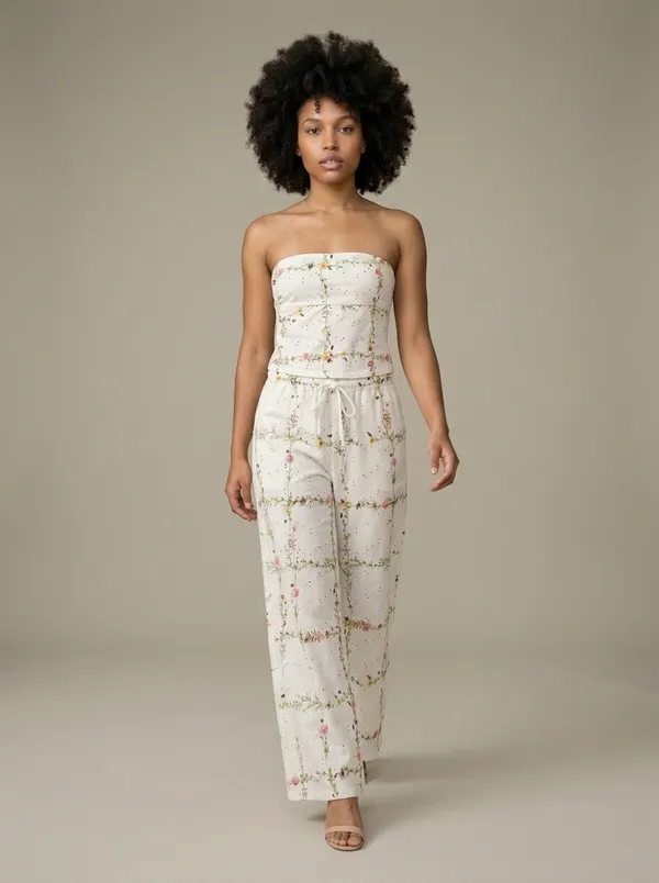 white broderie bandeau + wide-leg pants, worn full length in the studio