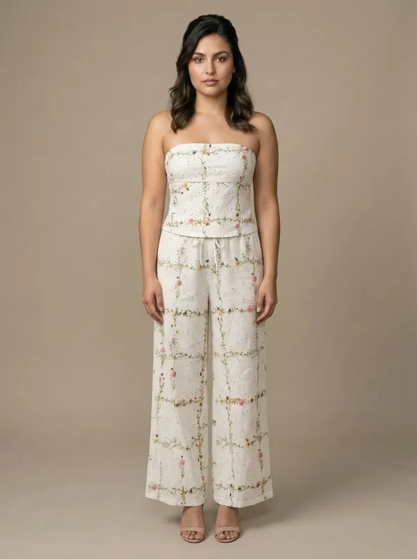 white broderie bandeau + wide-leg pants, worn full length in the studio