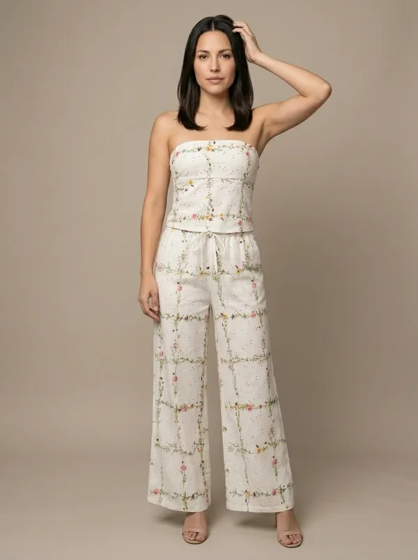 white broderie bandeau + wide-leg pants, worn full length in the studio