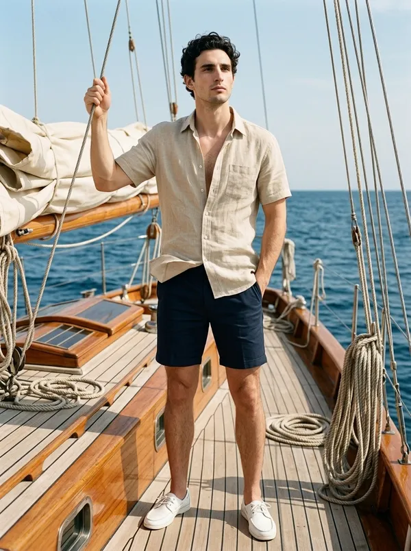 oatmeal linen short-sleeve shirt and navy shorts on the deck of a sailing yacht