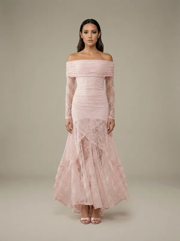 blush lace off-shoulder gown, ruched fold-band bodice and long lace sleeves, worn facing camera against the studio backdrop