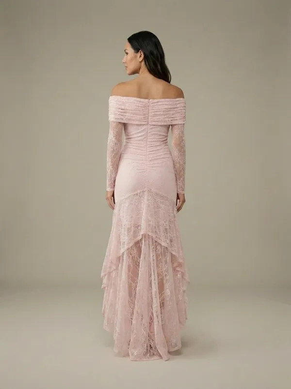 the same blush lace gown from the back, tiered lace panels running to the floor