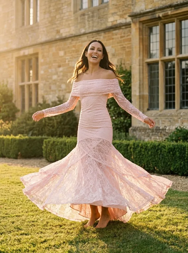 the same blush lace gown turning on a manor lawn in late afternoon light