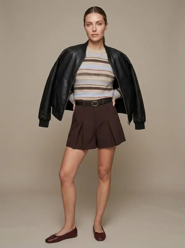 beige multi-stripe sweater + espresso skort worn by an AI model, studio shoot