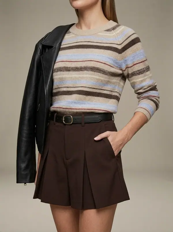 beige multi-stripe sweater + espresso skort worn by an AI model, studio shoot