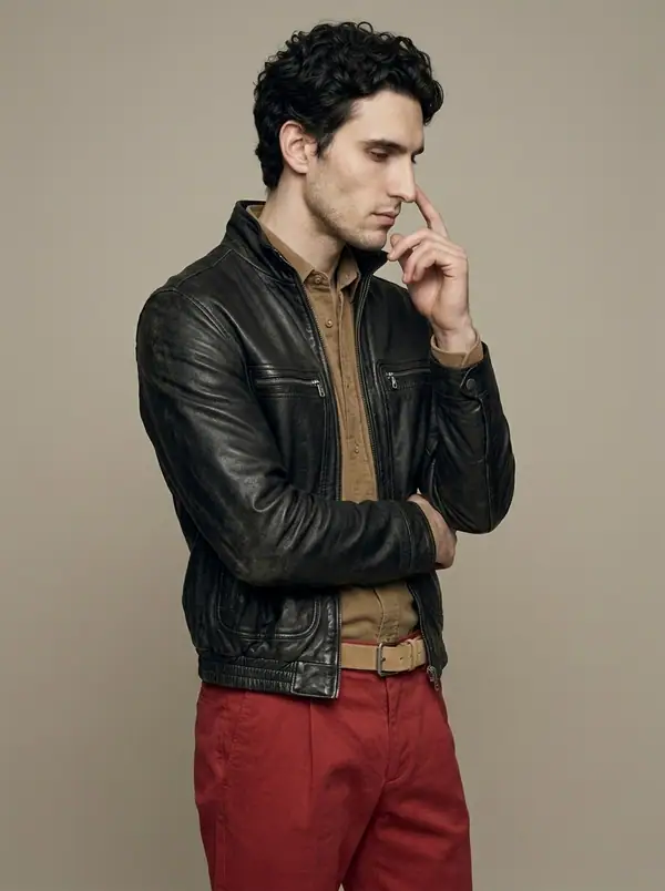 black leather blouson + brick-red trousers worn by an AI male model, studio shoot