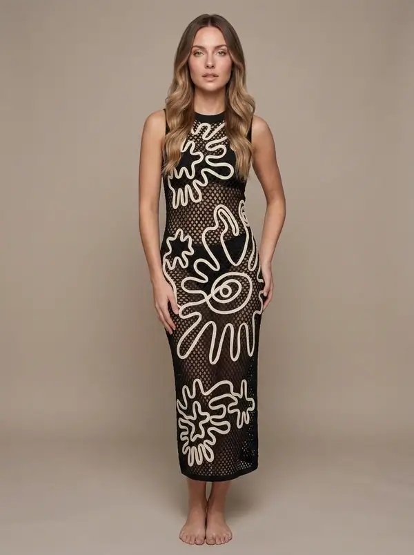 black open-mesh cornelli soutache midi worn by an AI model, studio shoot