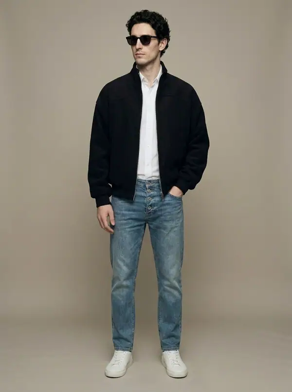 black oversized funnel-neck track bomber worn by an AI male model, studio shoot