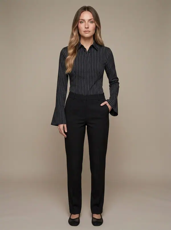 black pinstripe fitted bell-cuff shirt worn by an AI model, studio shoot