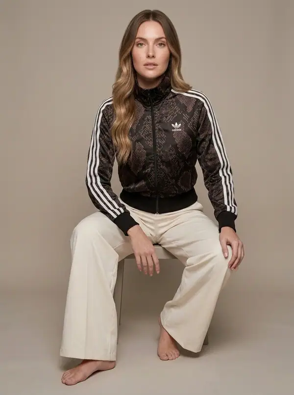 black satin snake firebird track jacket worn by an AI model, studio shoot