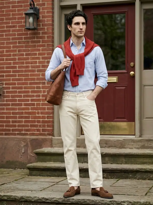 blue stripe oxford + red sweater over shoulders worn by an AI male model, editorial shoot at the brownstone stoop