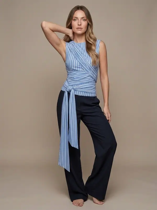 blue striped wrap-detail tee with a long side tie worn by an AI model, studio shoot
