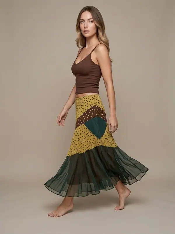 brown cami + yellow polka patchwork chiffon maxi skirt worn by an AI model, studio shoot