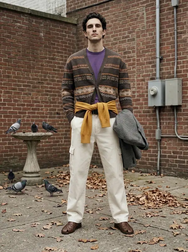 brown fair isle cardigan, sweater at waist worn by an AI male model, editorial shoot at the bird bath