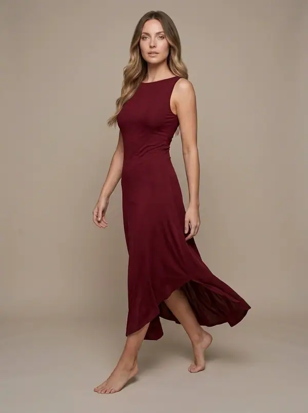 burgundy boat-neck bias midi worn by an AI model, studio shoot