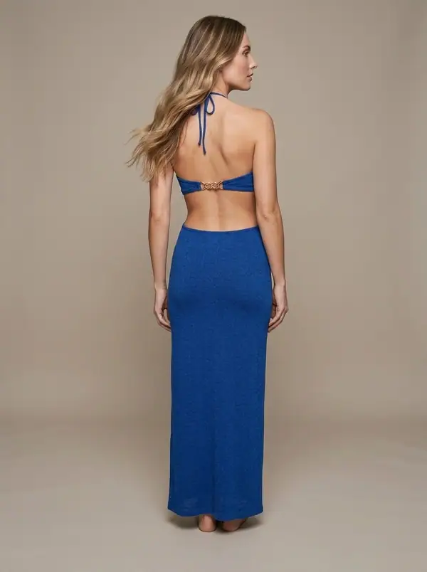 celeste ring-hardware cut-out maxi, cobalt blue worn by an AI model, studio shoot