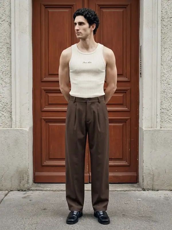 cream ribbed tank, pdp + oxblood doors editorial worn by an AI male model, editorial shoot at the oxblood doors