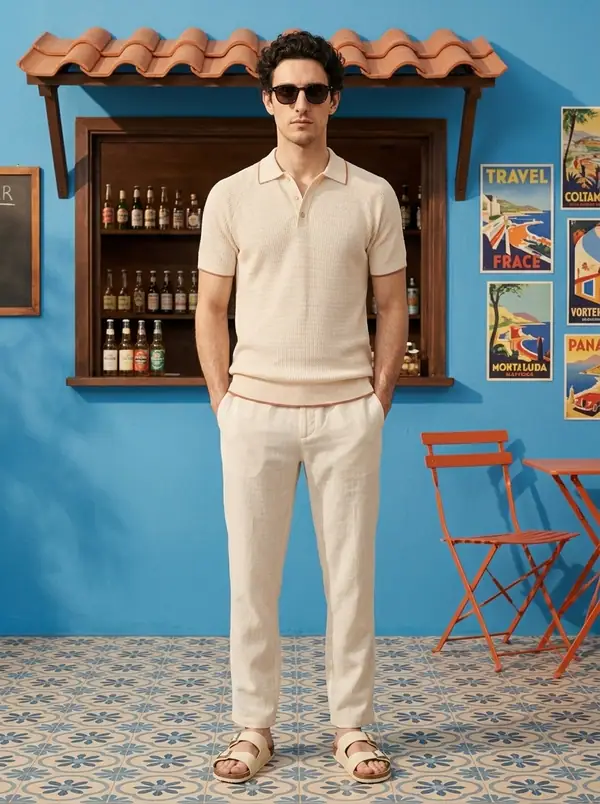 cream textured-stitch polo, burnt-orange tipping worn by an AI male model, editorial shoot at the beach shack bar