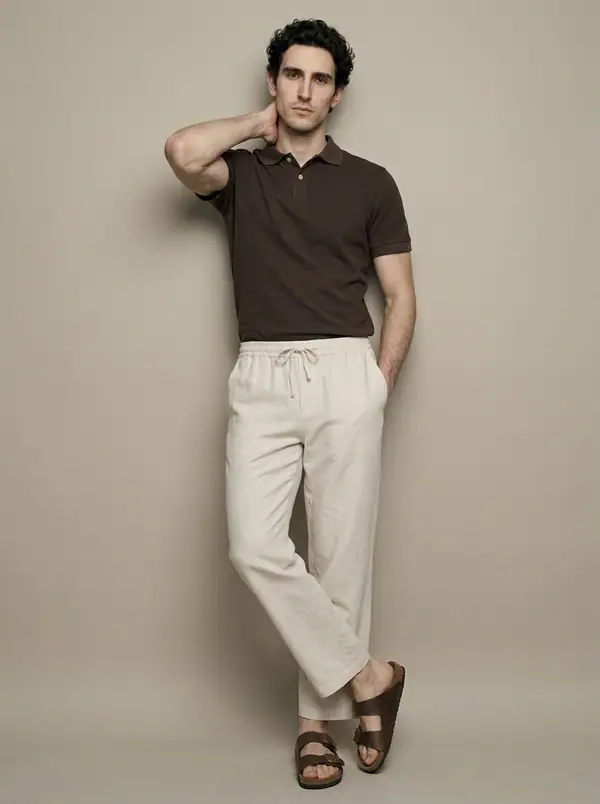 dark chocolate pique polo + drawstring trousers worn by an AI male model, studio shoot