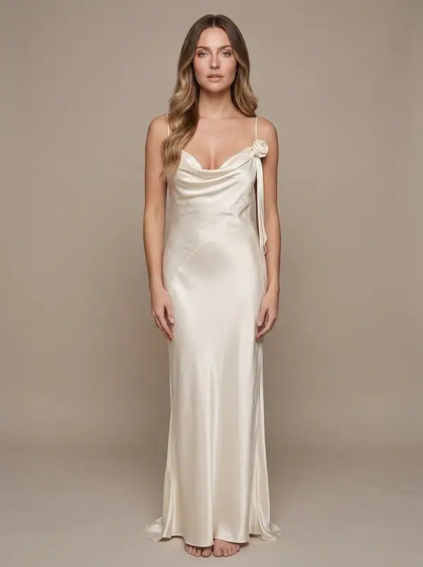ivory rosette-strap bias slip gown worn by an AI model, studio shoot