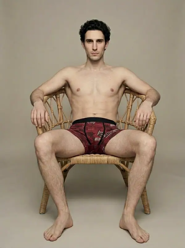 maroon americana-print trunks worn by an AI male model, studio shoot