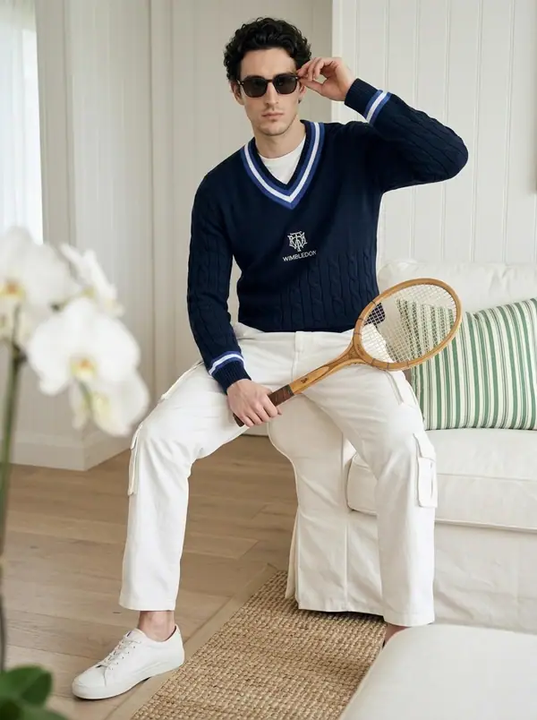 navy cable cricket sweater, wimbledon crest worn by an AI male model, editorial shoot at the drawing room